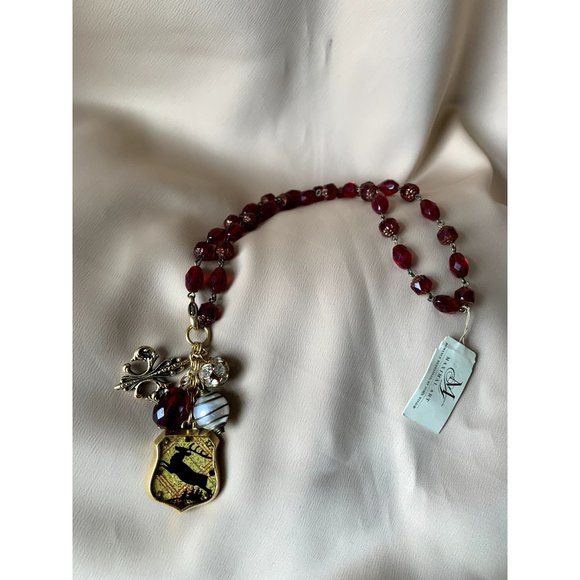 NEW WITH TAG Maximal Art Reindeer Plaid Charm Necklace with Red Crystal Chain - Picture 1 of 7